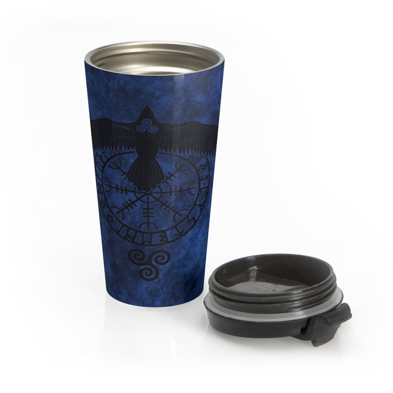 Runic Raven Stainless Steel Travel Mug With Black Plastic Lid, Viking Symbol, Norse Pagan, Insulated For Hot Or Cold Beverages, 15oz