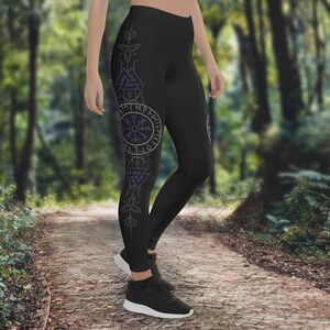 Purple Runic Vegvisir Leggings: Norse Viking Compass, Elder Futhark Design