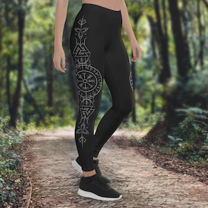 Gray & Black Runic Vegvisir Leggings, Viking Compass, Elder Futhark Runes, Norse Pagan Lore, 4-Way Stretch, Fitness Wear, Yoga Wear