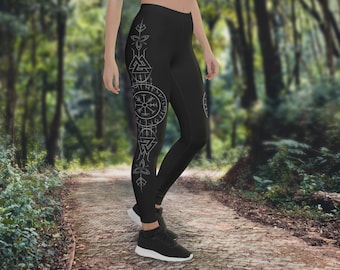 Gray & Black Runic Vegvisir Leggings, Viking Compass, Elder Futhark Runes, Norse Pagan Lore, 4-Way Stretch, Fitness Wear, Yoga Wear