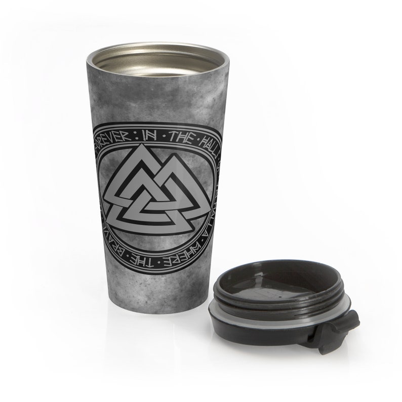 Valhalla Valknut Stainless Steel Travel Mug With Black Plastic Lid