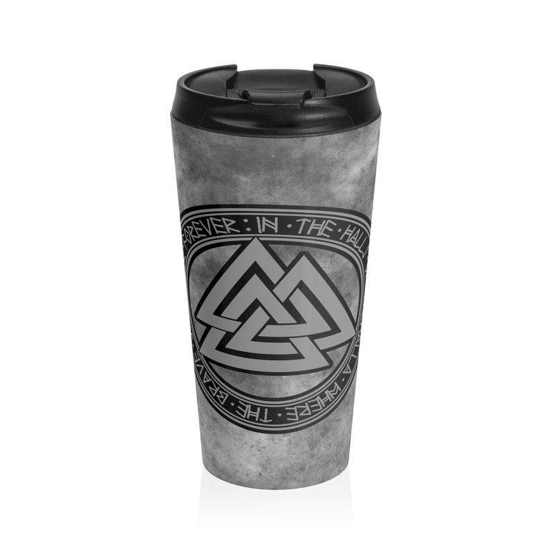 Valhalla Valknut Stainless Steel Travel Mug With Black Plastic Lid