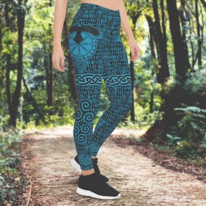 Aqua Runic Raven Leggings, Elder Futhark Viking Runes, Helm Of Awe, 4-Way Stretch, Fitness Wear, Yoga Wear, Norse Pagan Leggings