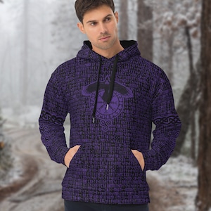 Purple Raven Elder Futhark Runes Unisex Hoodie - Norse Pagan Sweatshirt, Viking Apparel - XS-3XL Sizes - Handmade & Printed
