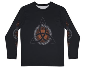 Copper Triquetra Vegvisir Long Sleeve Black Shirt, Viking Compass Norse Pagan Design On Both Sleeves, Celtic Knot, Valknut, Viking Runes