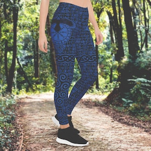 Blue Runic Raven Leggings, Elder Futhark Viking Runes, Helm Of Awe, 4-Way Stretch, Fitness Wear, Yoga Wear, Norse Pagan Leggings