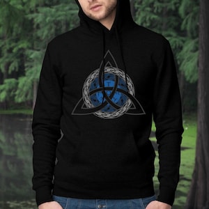 Blue Triquetra Vegvisir Hoodie, Norse Symbols Sweatshirt, Celtic Wiccan Pullover, Pagan Witch Clothing, Viking Runes Hooded Jumper
