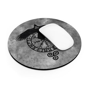 Runic Raven Round Computer Mouse Pad, Viking Symbol, Norse Pagan, Desk Accessory, Office Accessory, Neoprene Non-Slip Rubber Base