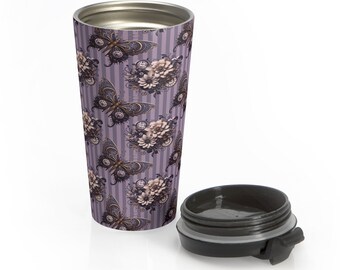 Lavender Steampunk Butterflies Stainless Steel Travel Mug With Black Plastic Lid, Victorian Fantasy, For Hot & Cold Beverages, 15oz