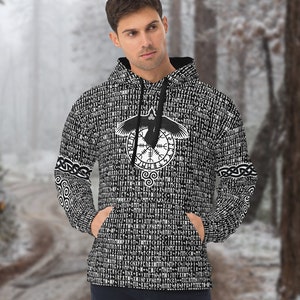 Black and White Raven Elder Futhark Runes Unisex Hoodie - Norse Pagan Sweatshirt, Viking Apparel - XS-3XL Sizes - Handmade & Printed