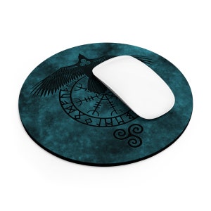 Runic Raven Round Computer Mouse Pad, Viking Symbol, Norse Pagan, Desk Accessory, Office Accessory, Neoprene Non-Slip Rubber Base