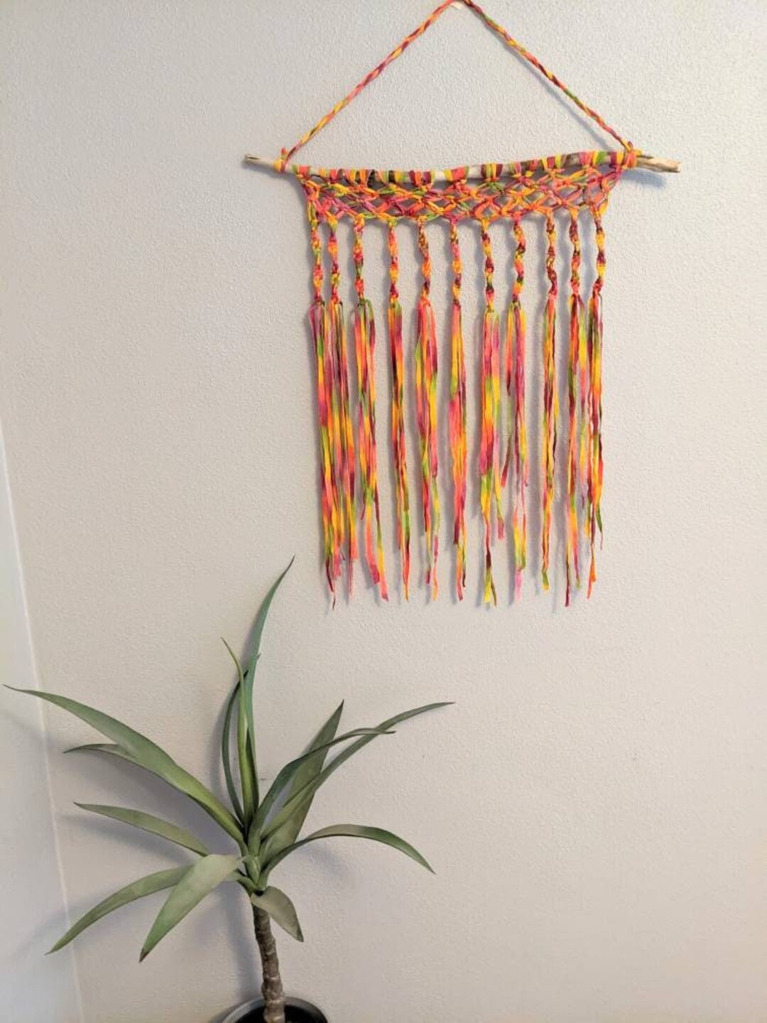 Multi Colored Macrame Ribbon Hanging on a Natural Wooden Stick. - Etsy