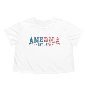 Women&#39;s Flowy Cropped Shirt, Fourth Of July Tee, American Shirt, Independence Day, Red White and Blue, America 1776, Patriotic Shirt