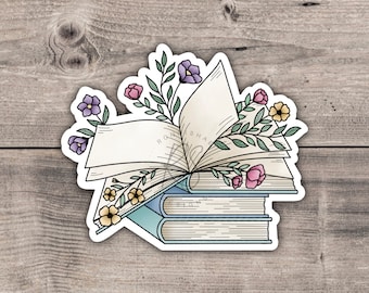 Floral Stack Of Book Vinyl Decal Sticker | Digital Watercolor | Vinyl Sticker | Die Cut Sticker | Laptop Decal | Water Bottle