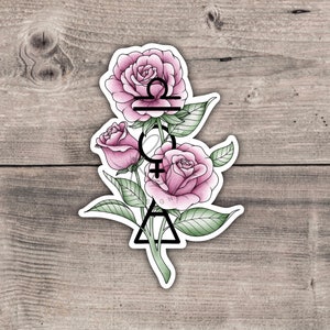 Weegschaal dierenriemsticker | Roze roos astrologie sticker | Digitale aquarel | Vinylsticker | Gestanste sticker | Laptopsticker | Waterfles