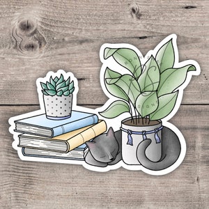 Katze schläft Bücher Pflanze Vinyl Aufkleber Aufkleber | Digitales Aquarell | Vinyl-Aufkleber | Gestanzter Aufkleber | Laptop Aufkleber | Wasserflasche