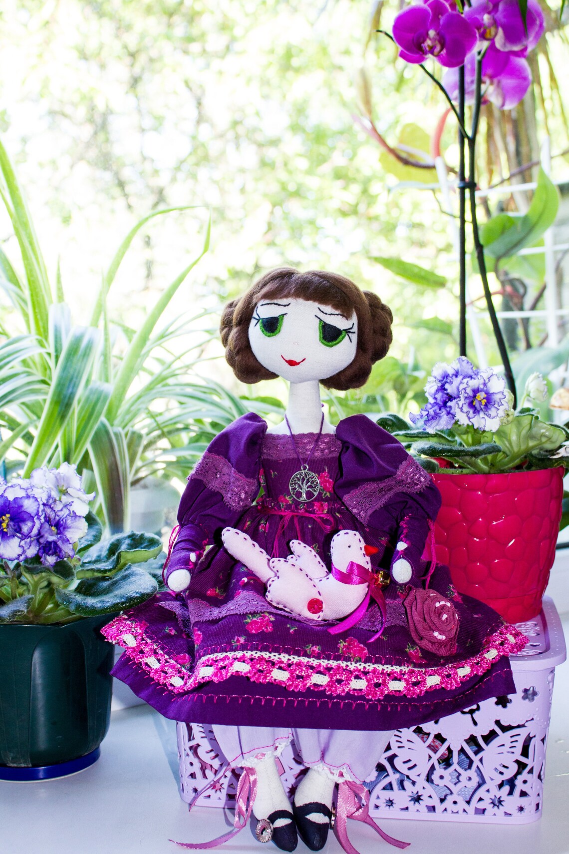 Handmade rag doll with green embroidered eyes brown hair in Etsy