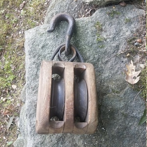 Antique Wood & Cast Iron Double Block Pulley