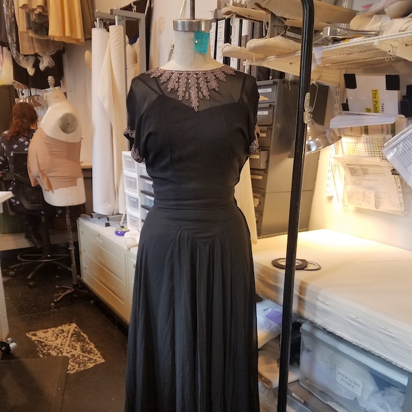 Vintage 1940's Black Sheer Beaded Evening Gown