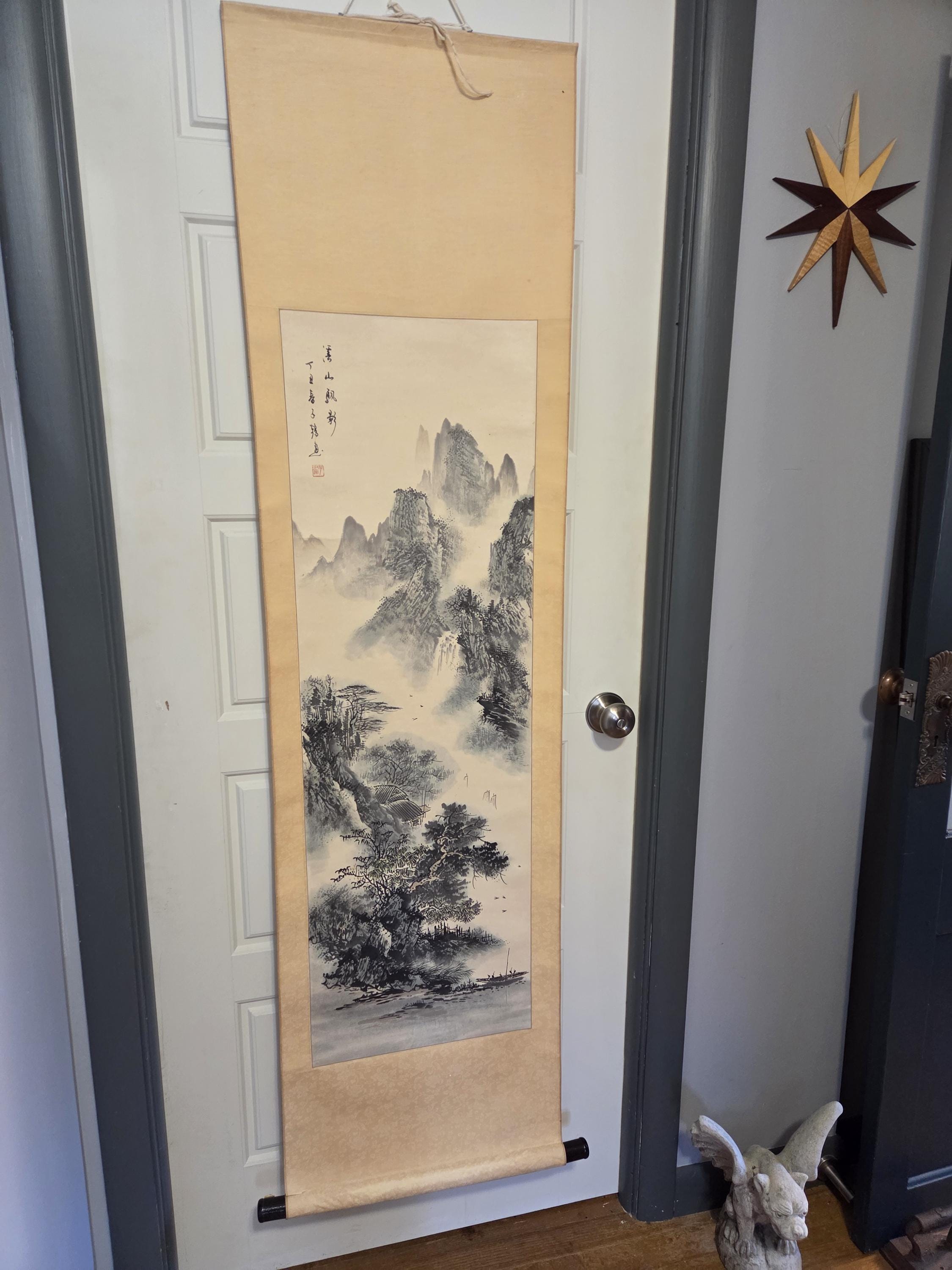 Antique Chinese Scroll Wall Hanging on Heavy Paper - Mountain