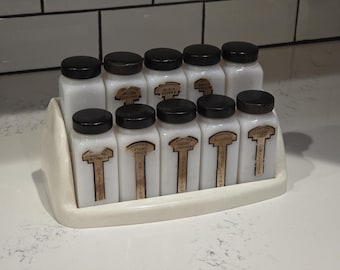 Antique Griffith's Laboratories Purified Spice Set w/ 10 Milk Glass Gars & Stand