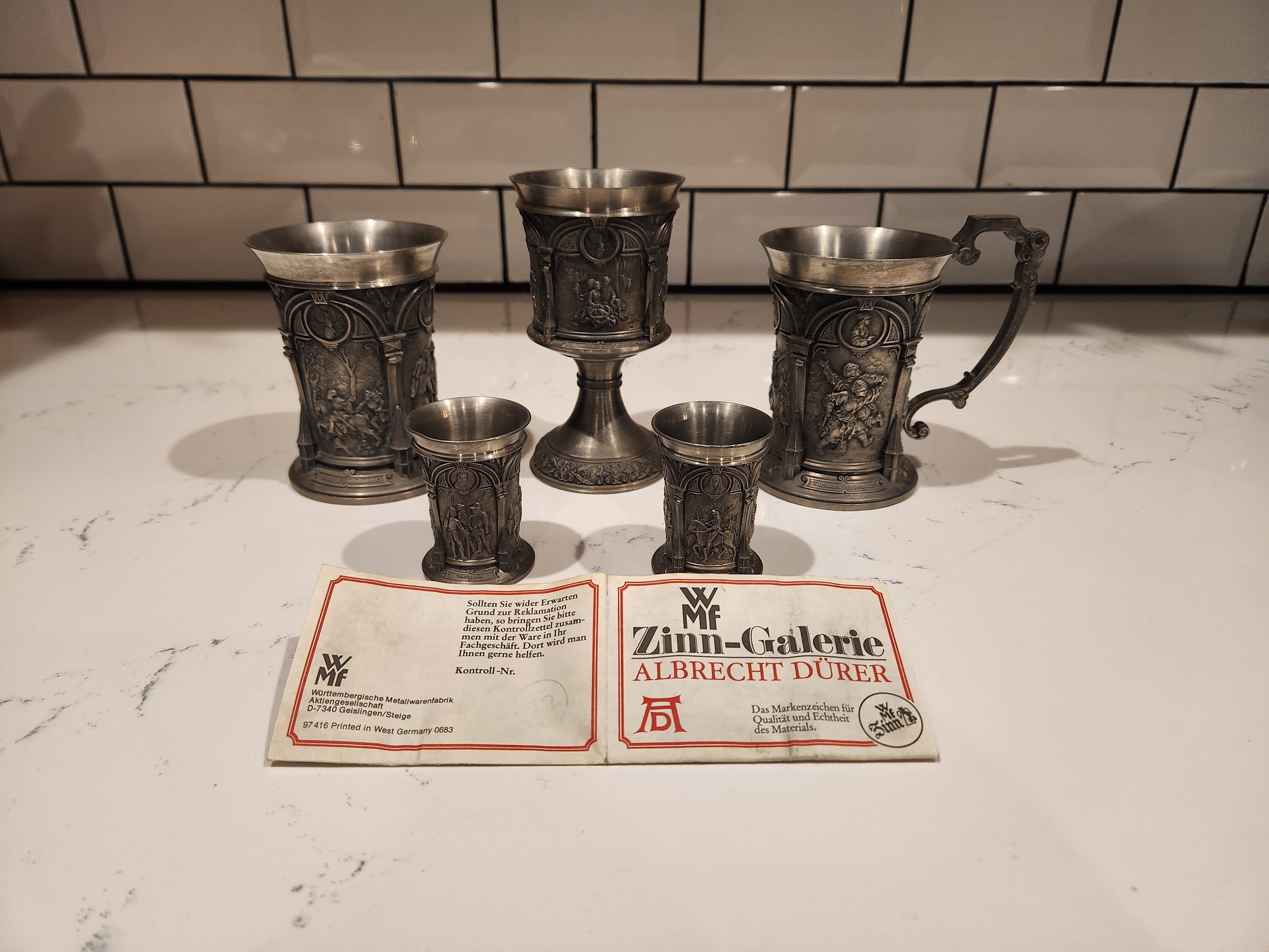 Vintage WMF Zinn-galerie Albrecht Durer Pewter Drinkware - Set of