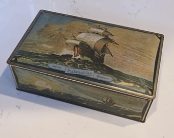 Antique Lovell & Covel Masterpieces Chocolate / Candy Tin - Westward Ho! Nautical Box Featuring Sailing Ship