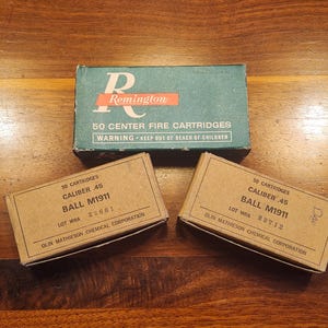 Lot of 3 Genuine Vintage Empty Ammo Boxes - 2 @ Olin Mathieson Chemical Corp .45 Cal Ball M1911 & .45 Cal Remington Center Fire Cartridges