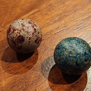 Pair of Antique Clay/Earthenware Marbles approx. 1/2&quot; - Red and Blue *