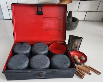 Antique Folk Art Spice Box with 6 Cannisters and Spice Grater