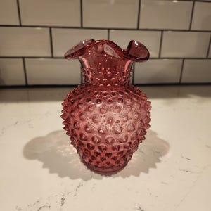 Antique Cranberry Red Hobnail Pinche Rimmed 5&quot; Vase *