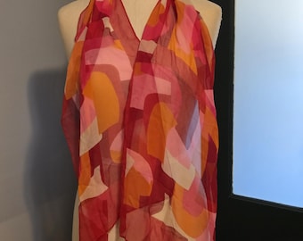 Vintage 100% Silk Hand Rolled Scarf Made in Japan - Mid Century Modern Red, Orange & Pink - Approx. 14"x57"