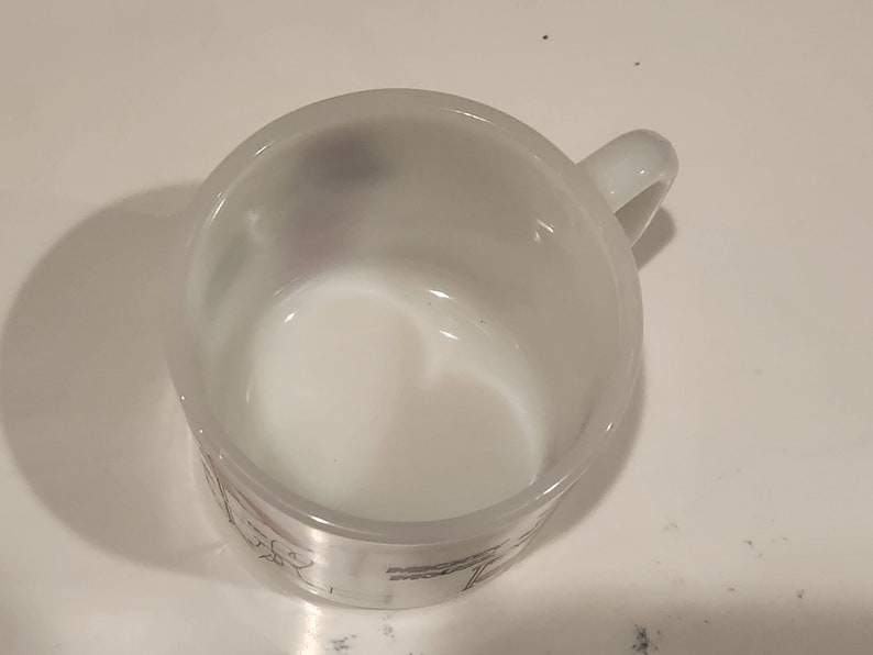 May include: White glass mug with a handle. The mug has a cylindrical shape and a clear handle. The inside of the mug is white. The bottom of the mug has a design with text.