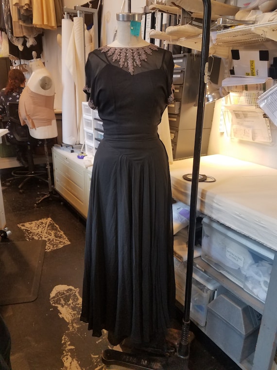 Vintage 1940's Black Sheer Beaded Evening Gown