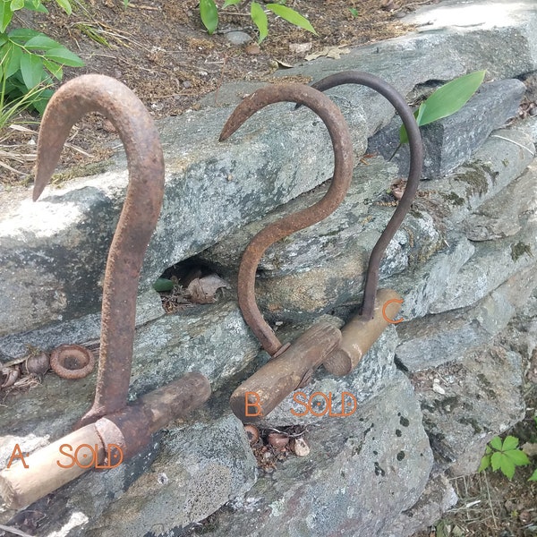 Antique Cast Iron Forged Hay Hooks with Original Wooden Handles - Each