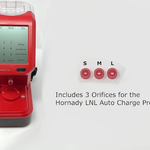 May include: A red Hornady LNL Auto Charge Pro powder measure with a digital display and a clear plastic hopper. The powder measure is shown with three different sized red plastic powder funnels labeled S, M, and L.