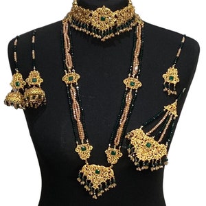 Gold Pakistani Bridal Jewelry Set: Mala Necklace, Earrings, Tikka, Jhumar, Choker