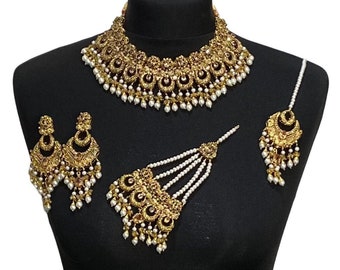 Asian Bridal Jewelry Set: Gold Necklace, Earrings, Jhumar, Tikka