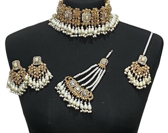 Pearl Choker Jewelry Set: Pakistani Indian Necklace, Earrings, Tikka, Jhumar