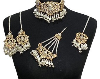 Pakistani Pearl Choker Jewelry Set: Indian Bridal Necklace, Earrings, Tikka, Jhumar