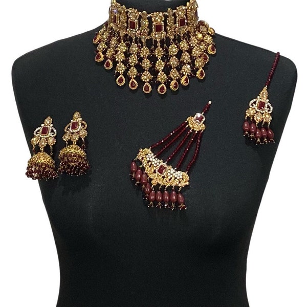 Maroon Pakistani bridal jewelry , indian bridal jewelry , Pakistani jewelry , Pakistani choker , indian choker , indian jewelry, maroon, red