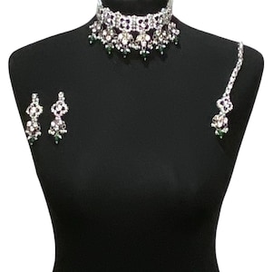 Pakistani Bridal Jewelry Set: Silver Green Necklace, Tikka & Earrings
