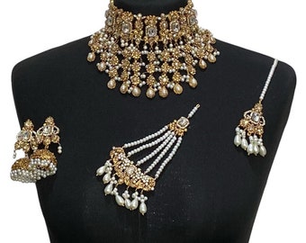 Pearl Choker Jewelry Set: Pakistani Indian Earrings, Tikka, Jhumar