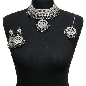 Pakistani Bridal Jewelry Set: Silver Green Necklace, Tikka & Earrings
