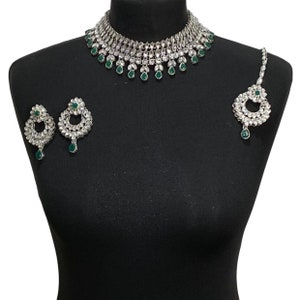 Silver Green Bridal Jewelry Set: Pakistani Wedding Necklace, Tikka & Earrings