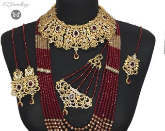 Pakistani Gold Plated Bridal Jewelry Set: Maroon Necklace, Earrings, Jhumar, Tikka, Mala