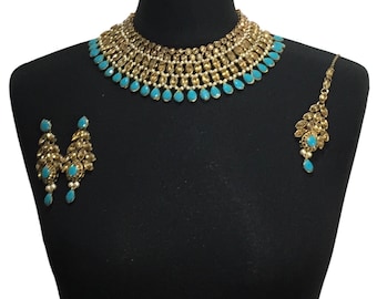 Sky Blue Diamonte Indian Wedding Jewelry Set: Necklace, Earrings, Tikka