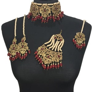 Maroon Bridal Jewelry Set: Indian Pakistani Choker, Earrings, Tikka, Jhumar