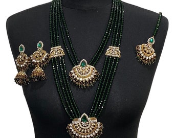 Green Mala Jewelry Set: Pakistani Bridal Necklace, Earrings, Tikka