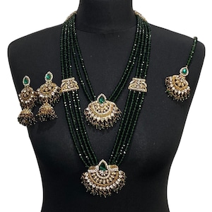 Green Mala Jewelry Set: Pakistani Bridal Necklace, Earrings, Tikka